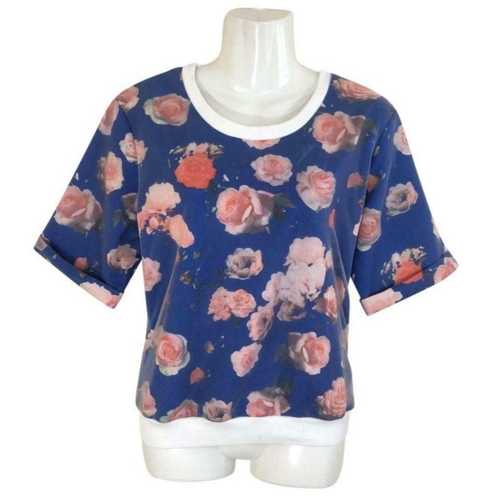 Poema Floral Mesh Scoop Neck Rolled Short Sleeve Blouse Medium